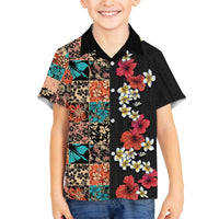 Hawaiian Hibiscus and Tropical Leaves Family Matching Puletasi and Hawaiian Shirt Patchwork Grunge Abstract Vintage Style LT03 Son's Shirt Black - Polynesian Pride
