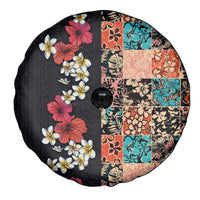 Hawaiian Hibiscus and Tropical Leaves Spare Tire Cover Patchwork Grunge Abstract Vintage Style