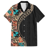 Hawaiian Hibiscus and Tropical Leaves Family Matching Puletasi and Hawaiian Shirt Patchwork Grunge Abstract and Tapa Tribal Pattern Half Style LT03 Dad's Shirt - Short Sleeve Black - Polynesian Pride