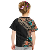 Hawaiian Hibiscus and Tropical Leaves Kid T Shirt Patchwork Grunge Abstract and Tapa Tribal Pattern Half Style