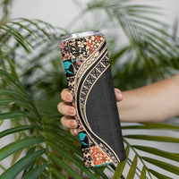 Hawaiian Hibiscus and Tropical Leaves Skinny Tumbler Patchwork Grunge Abstract and Tapa Tribal Pattern Half Style
