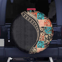 Hawaiian Hibiscus and Tropical Leaves Spare Tire Cover Patchwork Grunge Abstract and Tapa Tribal Pattern Half Style