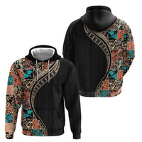 Hawaiian Hibiscus and Tropical Leaves Zip Hoodie Patchwork Grunge Abstract and Tapa Tribal Pattern Half Style