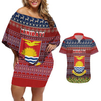 Personalised Kiribati Christmas Couples Matching Off Shoulder Short Dress and Hawaiian Shirt Coat of Arms and Map Beautiful Merry Xmas Snowflake LT03 Red - Polynesian Pride