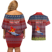 Personalised Kiribati Christmas Couples Matching Off Shoulder Short Dress and Hawaiian Shirt Coat of Arms and Map Beautiful Merry Xmas Snowflake LT03 - Polynesian Pride