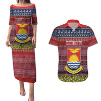 Personalised Kiribati Christmas Couples Matching Puletasi Dress and Hawaiian Shirt Coat of Arms and Map Beautiful Merry Xmas Snowflake LT03 Red - Polynesian Pride