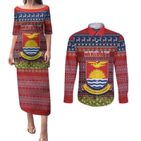 Personalised Kiribati Christmas Couples Matching Puletasi Dress and Long Sleeve Button Shirts Coat of Arms and Map Beautiful Merry Xmas Snowflake LT03 Red - Polynesian Pride
