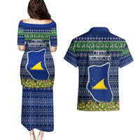 Tokelau Christmas Couples Matching Puletasi Dress and Hawaiian Shirt Coat of Arms and Map Beautiful Merry Xmas Snowflake LT03 - Polynesian Pride