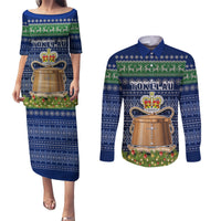 Tokelau Christmas Couples Matching Puletasi Dress and Long Sleeve Button Shirts Coat of Arms and Map Beautiful Merry Xmas Snowflake LT03 Blue - Polynesian Pride