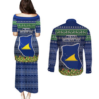 Tokelau Christmas Couples Matching Puletasi Dress and Long Sleeve Button Shirts Coat of Arms and Map Beautiful Merry Xmas Snowflake LT03 - Polynesian Pride