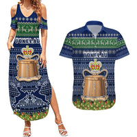 Tokelau Christmas Couples Matching Summer Maxi Dress and Hawaiian Shirt Coat of Arms and Map Beautiful Merry Xmas Snowflake LT03 Blue - Polynesian Pride