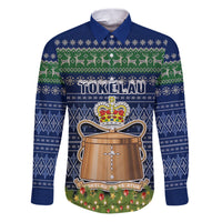Tokelau Christmas Family Matching Puletasi Dress and Hawaiian Shirt Coat of Arms and Map Beautiful Merry Xmas Snowflake LT03 Dad's Shirt - Long Sleeve Blue - Polynesian Pride