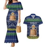 Personalised Tokelau Christmas Couples Matching Mermaid Dress and Hawaiian Shirt Coat of Arms and Map Beautiful Merry Xmas Snowflake LT03 Blue - Polynesian Pride