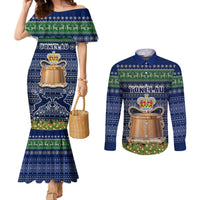 Personalised Tokelau Christmas Couples Matching Mermaid Dress and Long Sleeve Button Shirts Coat of Arms and Map Beautiful Merry Xmas Snowflake LT03 Blue - Polynesian Pride