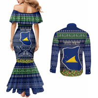 Personalised Tokelau Christmas Couples Matching Mermaid Dress and Long Sleeve Button Shirts Coat of Arms and Map Beautiful Merry Xmas Snowflake LT03 - Polynesian Pride