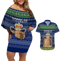 Personalised Tokelau Christmas Couples Matching Off Shoulder Short Dress and Hawaiian Shirt Coat of Arms and Map Beautiful Merry Xmas Snowflake LT03 Blue - Polynesian Pride