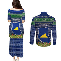 Personalised Tokelau Christmas Couples Matching Puletasi Dress and Long Sleeve Button Shirts Coat of Arms and Map Beautiful Merry Xmas Snowflake LT03 - Polynesian Pride