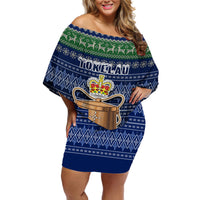 Personalised Tokelau Christmas Off Shoulder Short Dress Coat of Arms and Map Beautiful Merry Xmas Snowflake LT03 Women Blue - Polynesian Pride