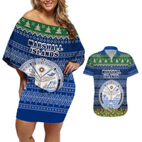Personalised Marshall Islands Christmas Couples Matching Off Shoulder Short Dress and Hawaiian Shirt Coat of Arms and Map Beautiful Merry Xmas Snowflake LT03 Blue - Polynesian Pride