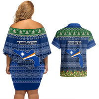 Personalised Marshall Islands Christmas Couples Matching Off Shoulder Short Dress and Hawaiian Shirt Coat of Arms and Map Beautiful Merry Xmas Snowflake LT03 - Polynesian Pride