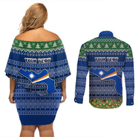 Personalised Marshall Islands Christmas Couples Matching Off Shoulder Short Dress and Long Sleeve Button Shirts Coat of Arms and Map Beautiful Merry Xmas Snowflake LT03 - Polynesian Pride