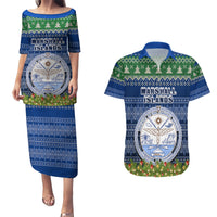 Personalised Marshall Islands Christmas Couples Matching Puletasi Dress and Hawaiian Shirt Coat of Arms and Map Beautiful Merry Xmas Snowflake LT03 Blue - Polynesian Pride