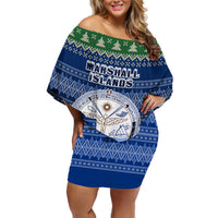 Personalised Marshall Islands Christmas Off Shoulder Short Dress Coat of Arms and Map Beautiful Merry Xmas Snowflake LT03 Women Blue - Polynesian Pride