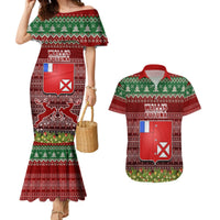 Personalised Wallis and Futuna Christmas Couples Matching Mermaid Dress and Hawaiian Shirt Coat of Arms and Map Beautiful Merry Xmas Snowflake LT03 Red - Polynesian Pride