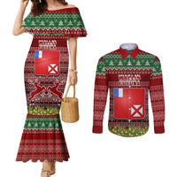 Personalised Wallis and Futuna Christmas Couples Matching Mermaid Dress and Long Sleeve Button Shirts Coat of Arms and Map Beautiful Merry Xmas Snowflake LT03 Red - Polynesian Pride