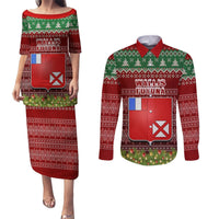 Personalised Wallis and Futuna Christmas Couples Matching Puletasi Dress and Long Sleeve Button Shirts Coat of Arms and Map Beautiful Merry Xmas Snowflake LT03 Red - Polynesian Pride