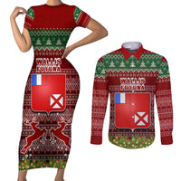 Personalised Wallis and Futuna Christmas Couples Matching Short Sleeve Bodycon Dress and Long Sleeve Button Shirts Coat of Arms and Map Beautiful Merry Xmas Snowflake LT03 Red - Polynesian Pride
