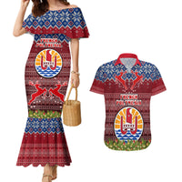 Personalised French Polynesia Christmas Couples Matching Mermaid Dress and Hawaiian Shirt Coat of Arms and Map Beautiful Merry Xmas Snowflake LT03 Red - Polynesian Pride