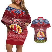 Personalised French Polynesia Christmas Couples Matching Off Shoulder Short Dress and Hawaiian Shirt Coat of Arms and Map Beautiful Merry Xmas Snowflake LT03 Red - Polynesian Pride