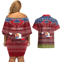 Personalised French Polynesia Christmas Couples Matching Off Shoulder Short Dress and Hawaiian Shirt Coat of Arms and Map Beautiful Merry Xmas Snowflake LT03 - Polynesian Pride
