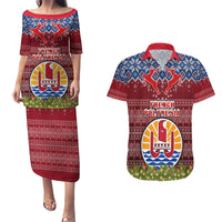 Personalised French Polynesia Christmas Couples Matching Puletasi Dress and Hawaiian Shirt Coat of Arms and Map Beautiful Merry Xmas Snowflake LT03 Red - Polynesian Pride