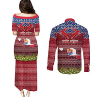 Personalised French Polynesia Christmas Couples Matching Puletasi Dress and Long Sleeve Button Shirts Coat of Arms and Map Beautiful Merry Xmas Snowflake LT03 - Polynesian Pride