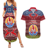 Personalised French Polynesia Christmas Couples Matching Summer Maxi Dress and Hawaiian Shirt Coat of Arms and Map Beautiful Merry Xmas Snowflake LT03 Red - Polynesian Pride