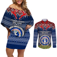 Personalised Northern Mariana Islands Christmas Couples Matching Off Shoulder Short Dress and Long Sleeve Button Shirts Coat of Arms and Map Beautiful Merry Xmas Snowflake LT03 Blue - Polynesian Pride