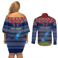 Personalised Northern Mariana Islands Christmas Couples Matching Off Shoulder Short Dress and Long Sleeve Button Shirts Coat of Arms and Map Beautiful Merry Xmas Snowflake LT03 - Polynesian Pride