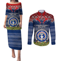 Personalised Northern Mariana Islands Christmas Couples Matching Puletasi Dress and Long Sleeve Button Shirts Coat of Arms and Map Beautiful Merry Xmas Snowflake LT03 Blue - Polynesian Pride