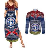 Personalised Northern Mariana Islands Christmas Couples Matching Summer Maxi Dress and Long Sleeve Button Shirts Coat of Arms and Map Beautiful Merry Xmas Snowflake LT03 Blue - Polynesian Pride