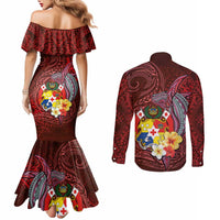 Tonga Humpback Whale Couples Matching Mermaid Dress and Long Sleeve Button Shirt National Seal with Hibiscus and Polynesian Tattoo
