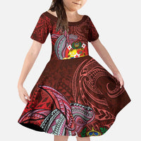 Tonga Humpback Whale Family Matching Long Sleeve Bodycon Dress and Hawaiian Shirt National Seal with Hibiscus and Polynesian Tattoo LT03 Daughter's Dress Red - Polynesian Pride