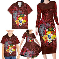 Tonga Humpback Whale Family Matching Long Sleeve Bodycon Dress and Hawaiian Shirt National Seal with Hibiscus and Polynesian Tattoo LT03 - Polynesian Pride