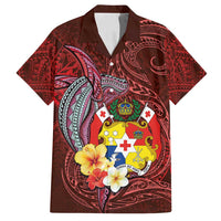 Tonga Humpback Whale Family Matching Long Sleeve Bodycon Dress and Hawaiian Shirt National Seal with Hibiscus and Polynesian Tattoo LT03 Dad's Shirt - Short Sleeve Red - Polynesian Pride