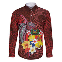Tonga Humpback Whale Family Matching Short Sleeve Bodycon Dress and Hawaiian Shirt National Seal with Hibiscus and Polynesian Tattoo LT03 Dad's Shirt - Long Sleeve Red - Polynesian Pride