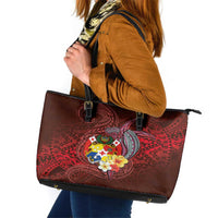 Tonga Humpback Whale Leather Tote Bag National Seal with Hibiscus and Polynesian Tattoo LT03 Red - Polynesian Pride