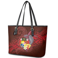 Tonga Humpback Whale Leather Tote Bag National Seal with Hibiscus and Polynesian Tattoo LT03 - Polynesian Pride