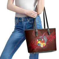 Tonga Humpback Whale Leather Tote Bag National Seal with Hibiscus and Polynesian Tattoo LT03 - Polynesian Pride