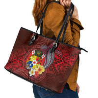 Tonga Humpback Whale Leather Tote Bag National Seal with Hibiscus and Polynesian Tattoo LT03 - Polynesian Pride